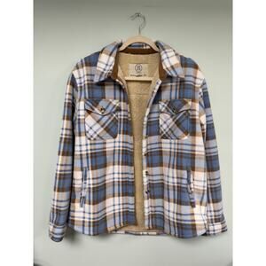 EUC! Women's Sage Collective Button Down Plaid Shacket - Blue, Brown & White